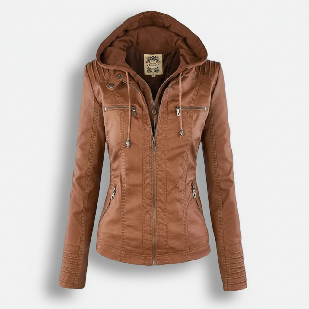 Dorevelle | Women's Slim-Fit PU Leather Moto Jacket with Detachable Hoodie