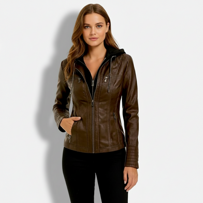 Dorevelle | Women's Slim-Fit PU Leather Moto Jacket with Detachable Hoodie