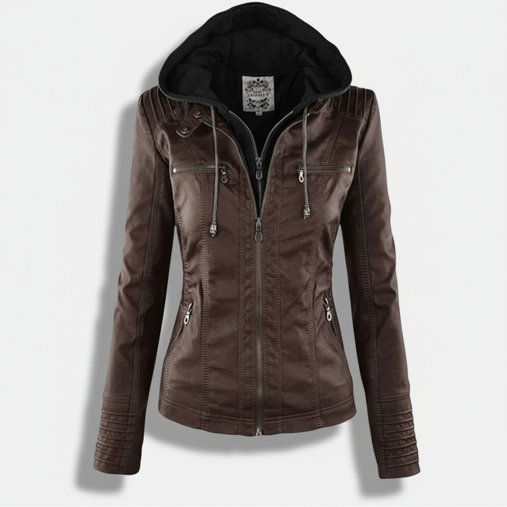 Dorevelle | Women's Slim-Fit PU Leather Moto Jacket with Detachable Hoodie