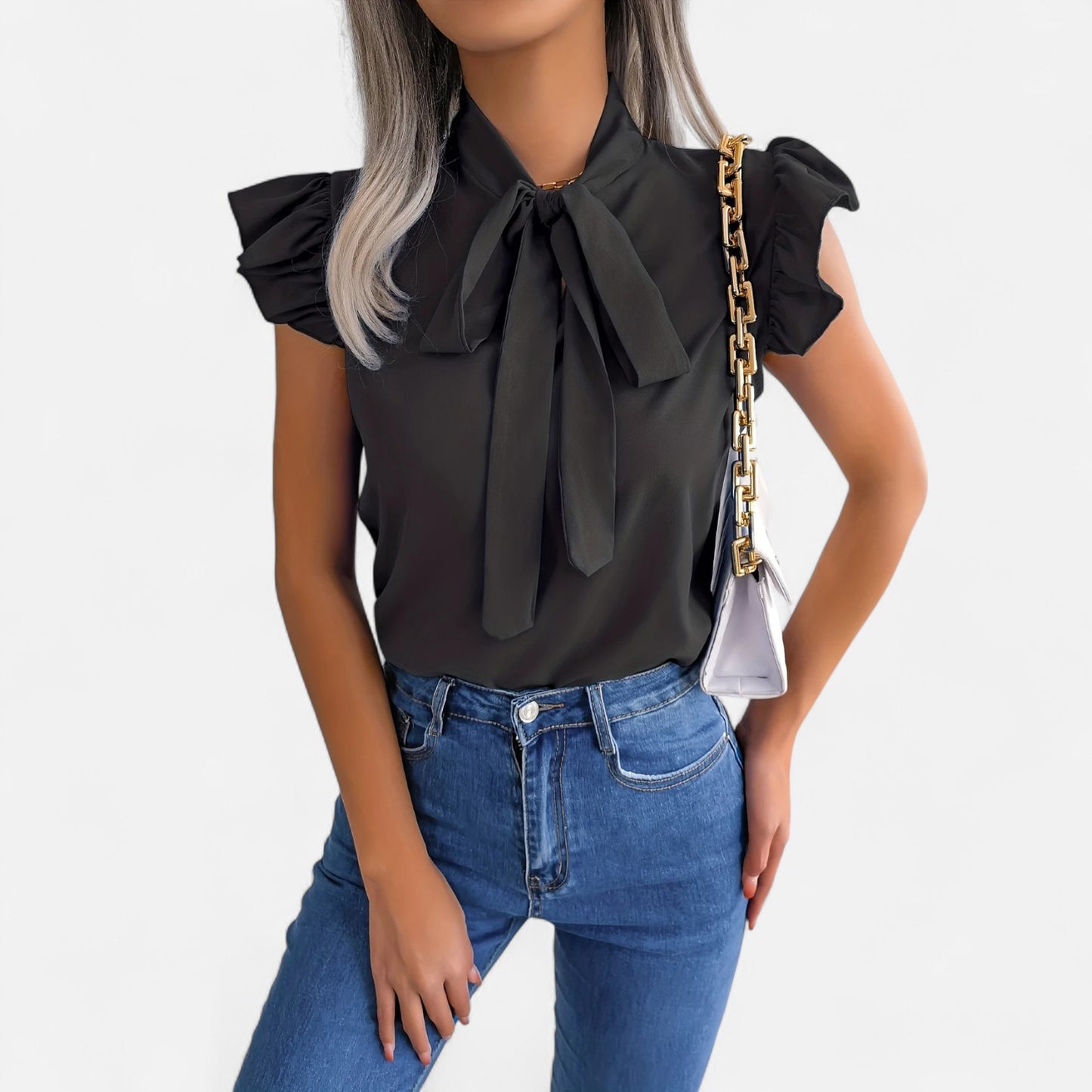 Dorevelle | Women’s Chiffon Blouse – Bow-Tie Sleeveless Style