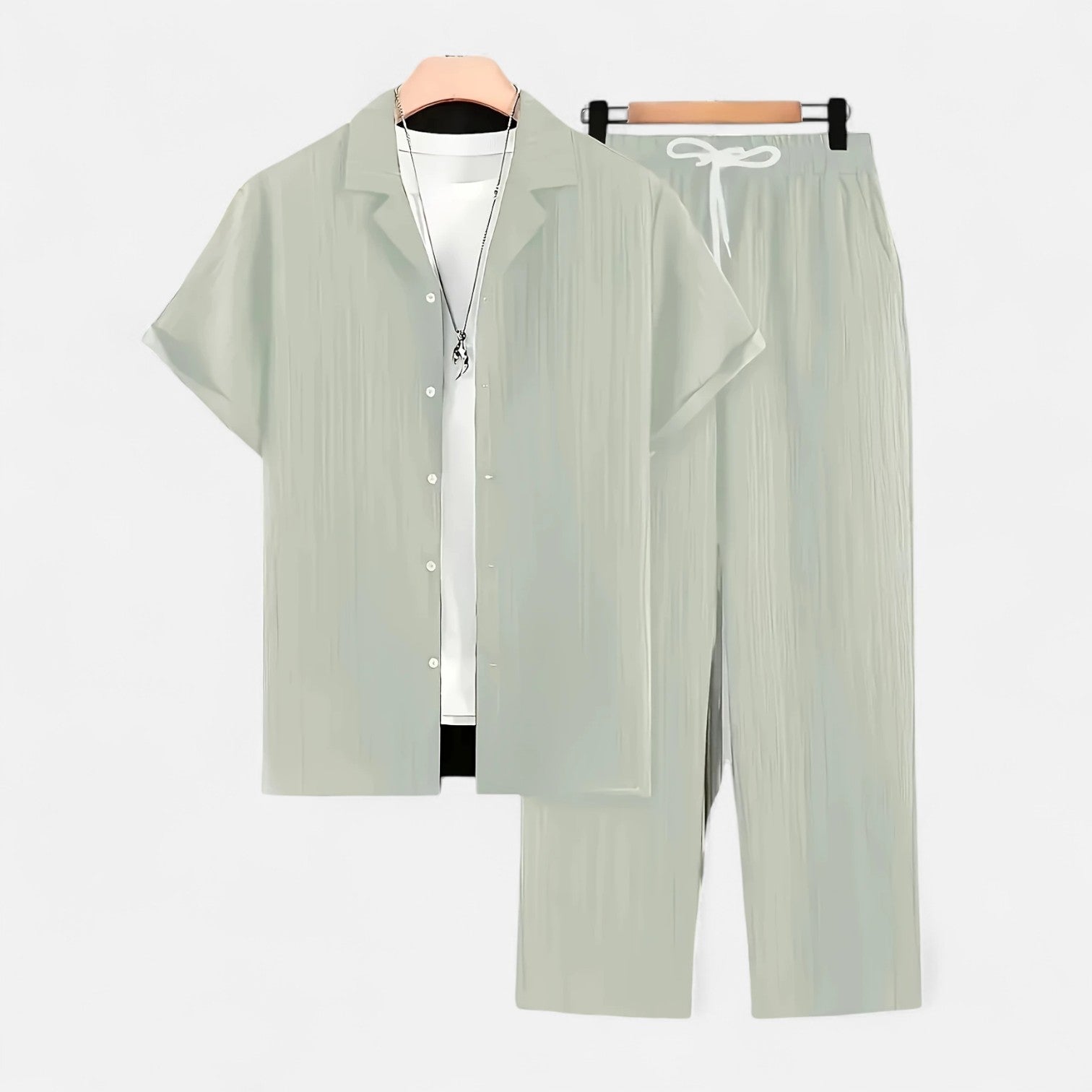 Men’s Lightweight Linen Blend Summer Shirt and Drawstring Trousers Set