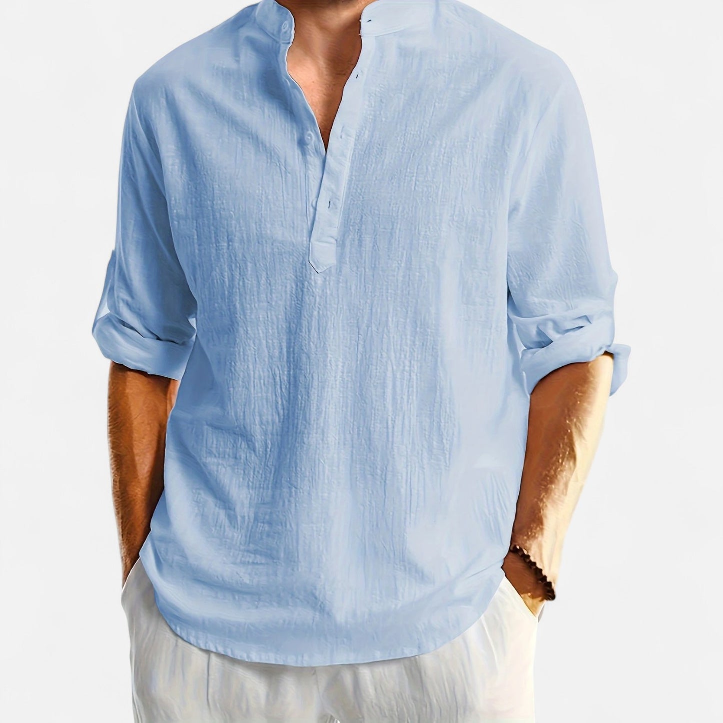 Dorevelle | Men’s Linen Henley – Heritage Collarless Style