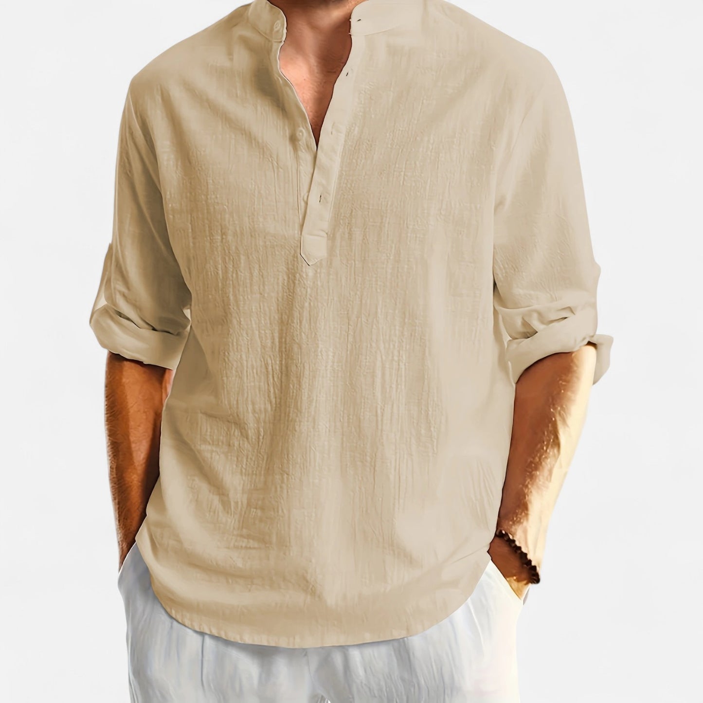 Dorevelle | Men’s Linen Henley – Heritage Collarless Style