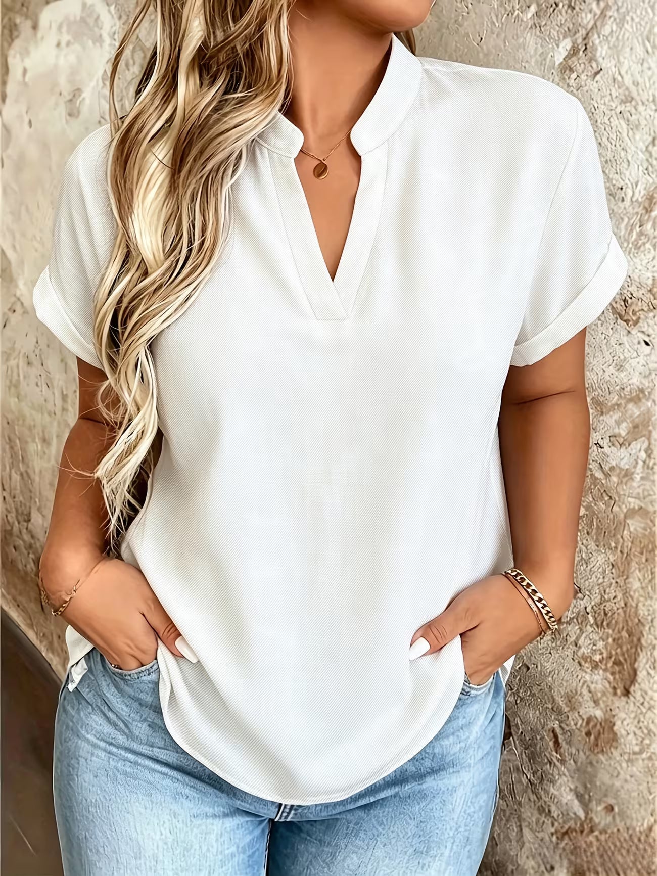 Elegant V Neck Stand Collar Women's Top Shirt