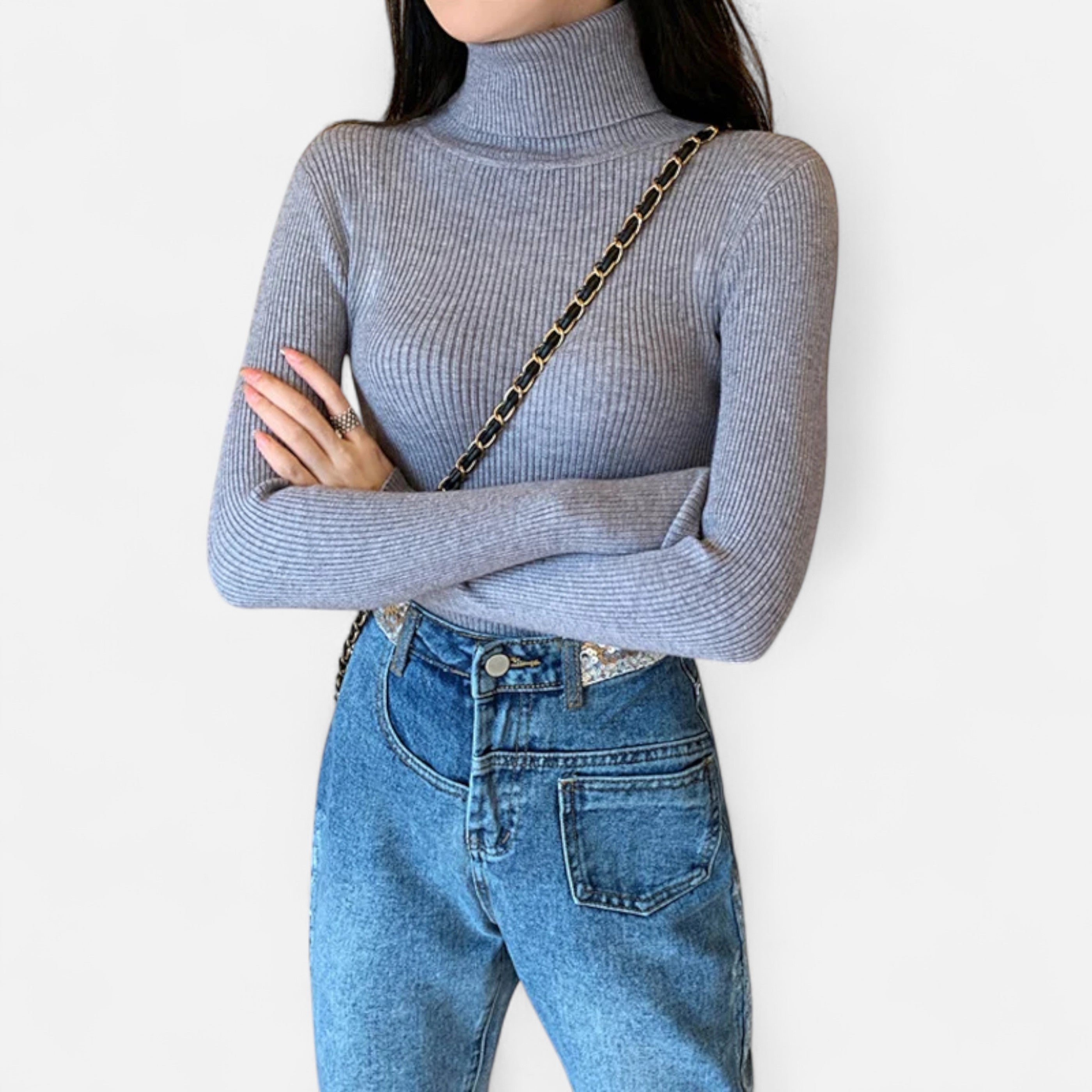Women’s Ribbed Foldover Turtleneck Sweater for Winter Elegance