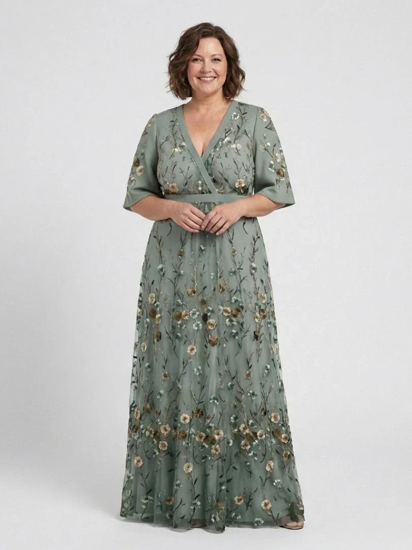Women Green Floral V Neck Short Sleeve Maxi Dress