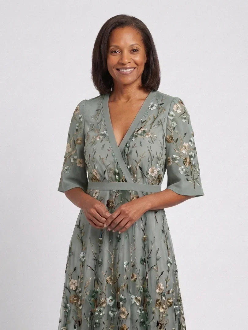 Women Green Floral V Neck Short Sleeve Maxi Dress