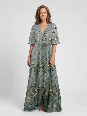Women Green Floral V Neck Short Sleeve Maxi Dress