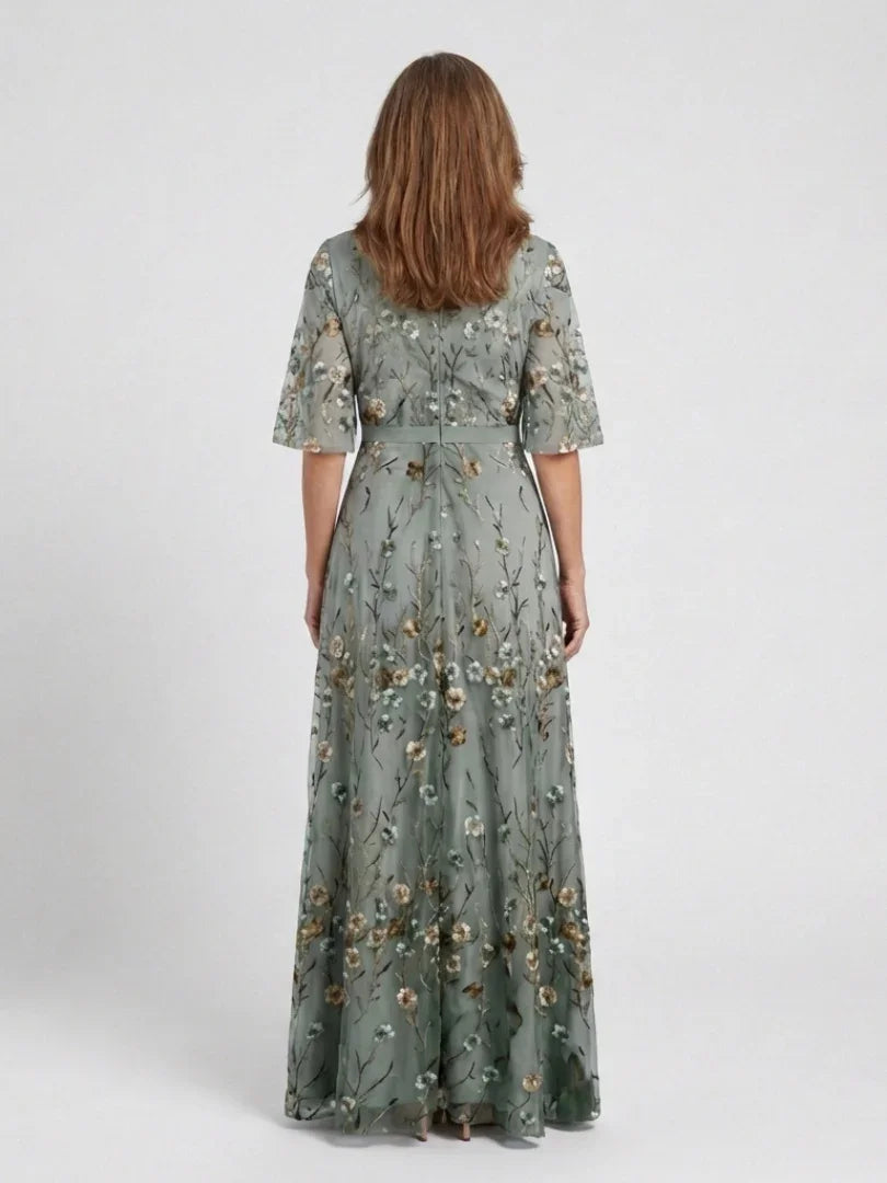 Women Green Floral V Neck Short Sleeve Maxi Dress