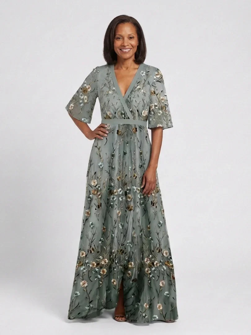Women Green Floral V Neck Short Sleeve Maxi Dress