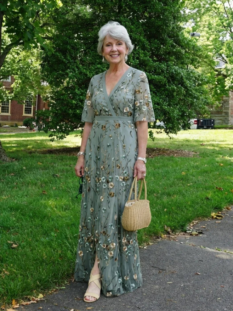 Women Green Floral V Neck Short Sleeve Maxi Dress