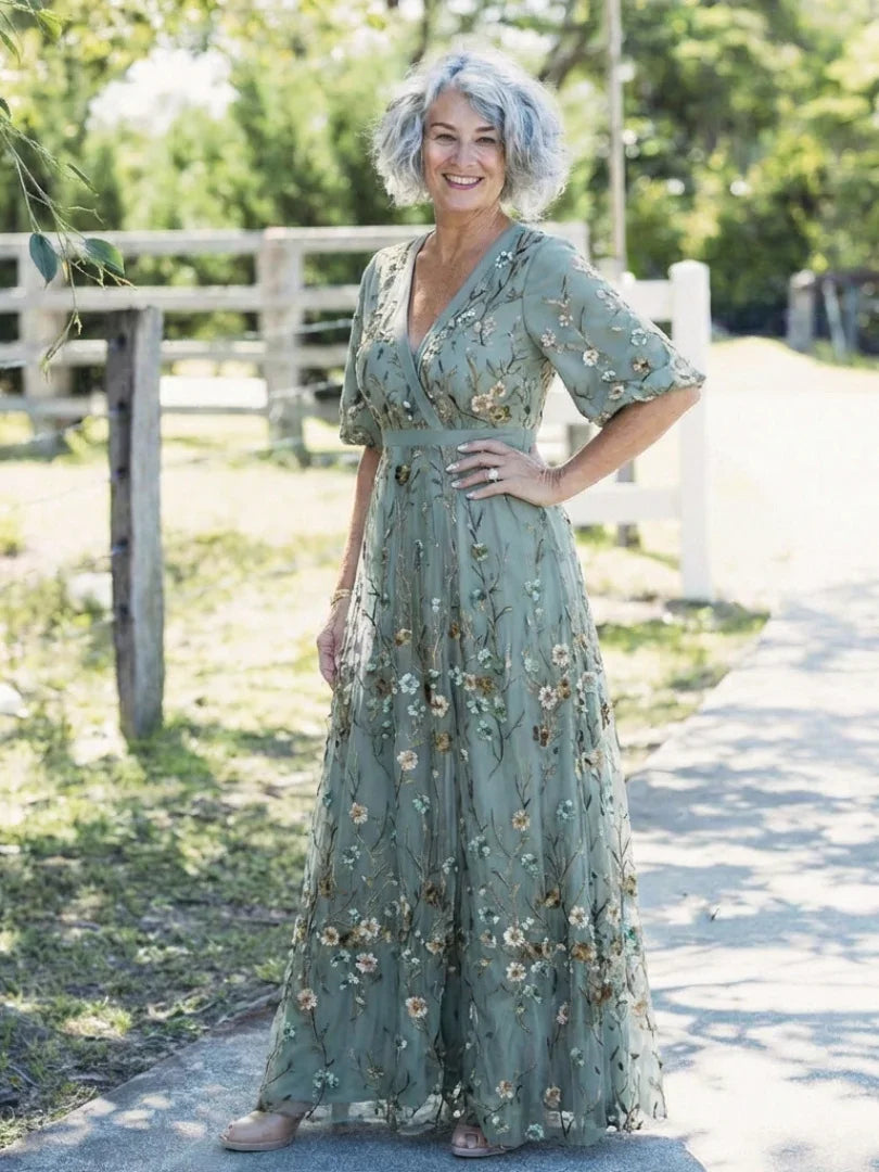 Women Green Floral V Neck Short Sleeve Maxi Dress