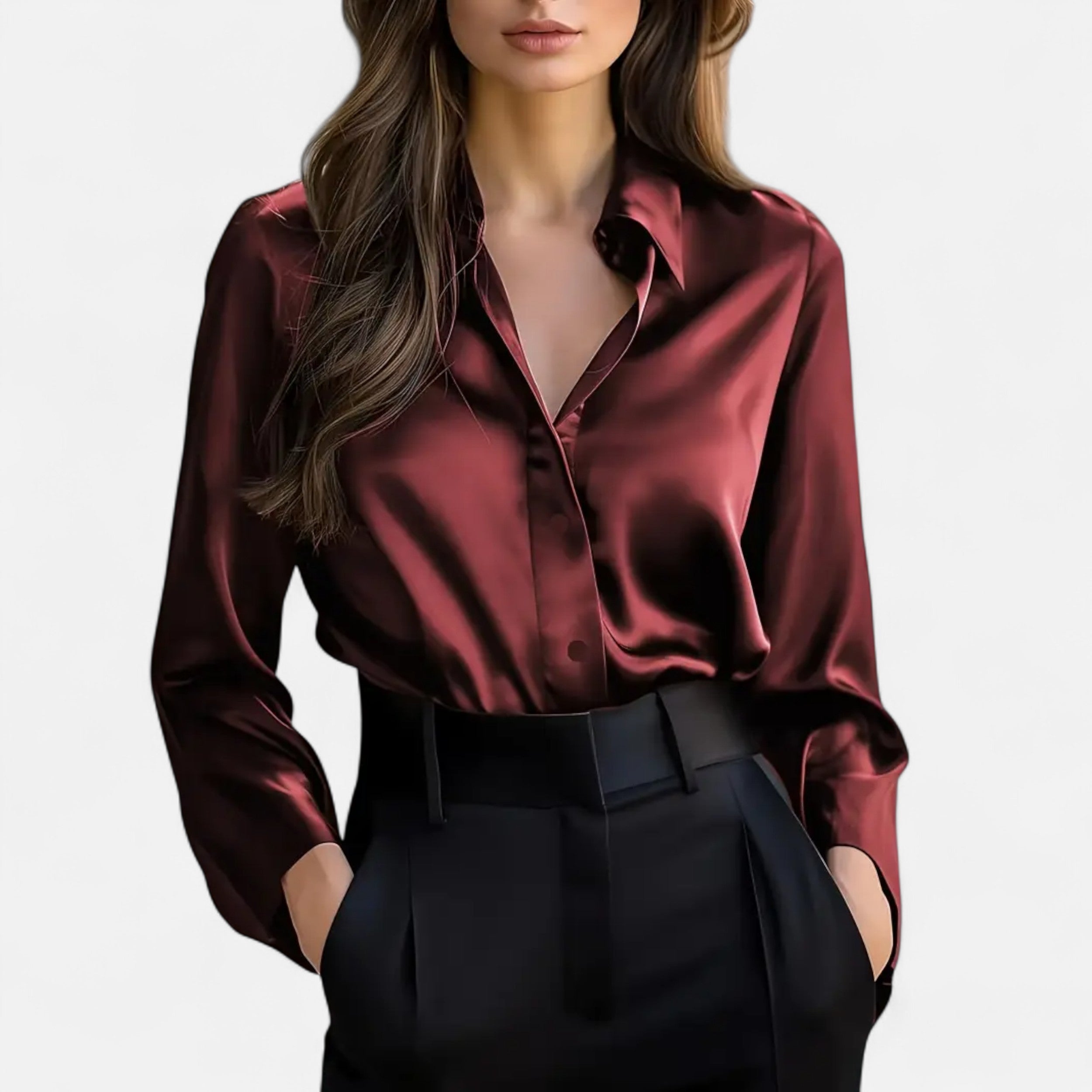 Women’s Satin Long Sleeve Blouse With Classic Collar