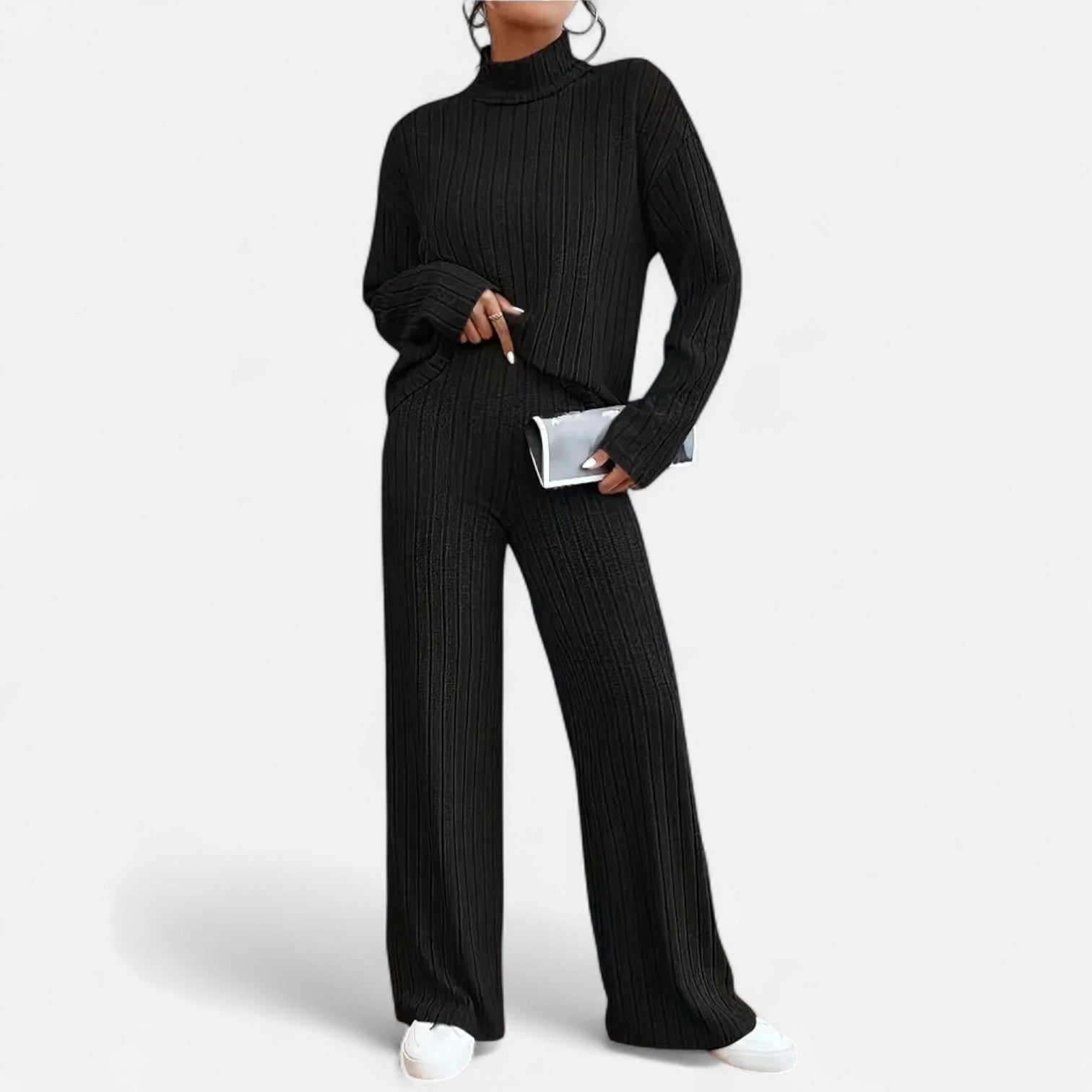 Women’s Ribbed Mock Neck Top and Wide Leg Trousers Set