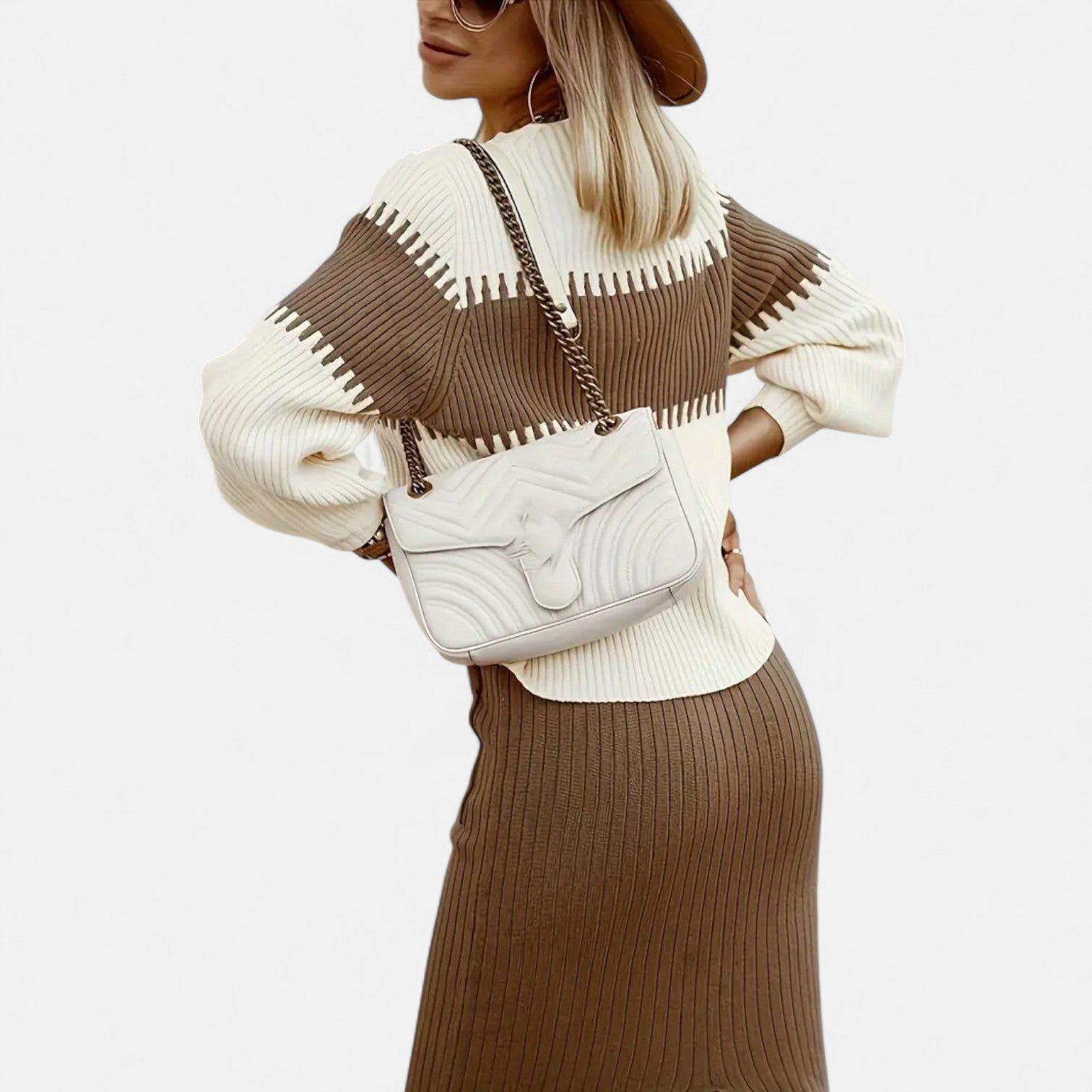 High Neck Knit Pullover and Split Midi Skirt Set