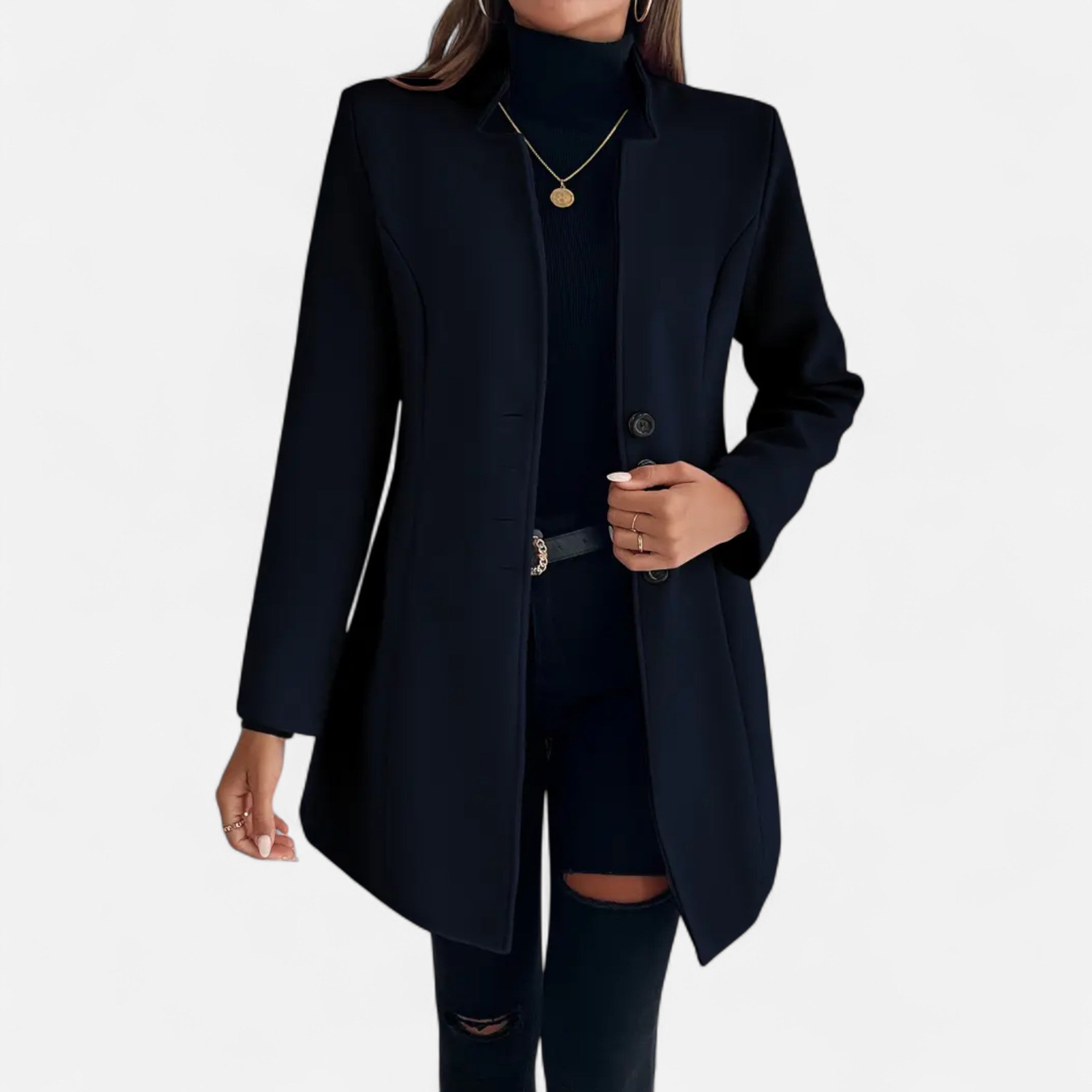 Women’s Long Trench Coat with Raglan Sleeves and Asymmetrical Hem