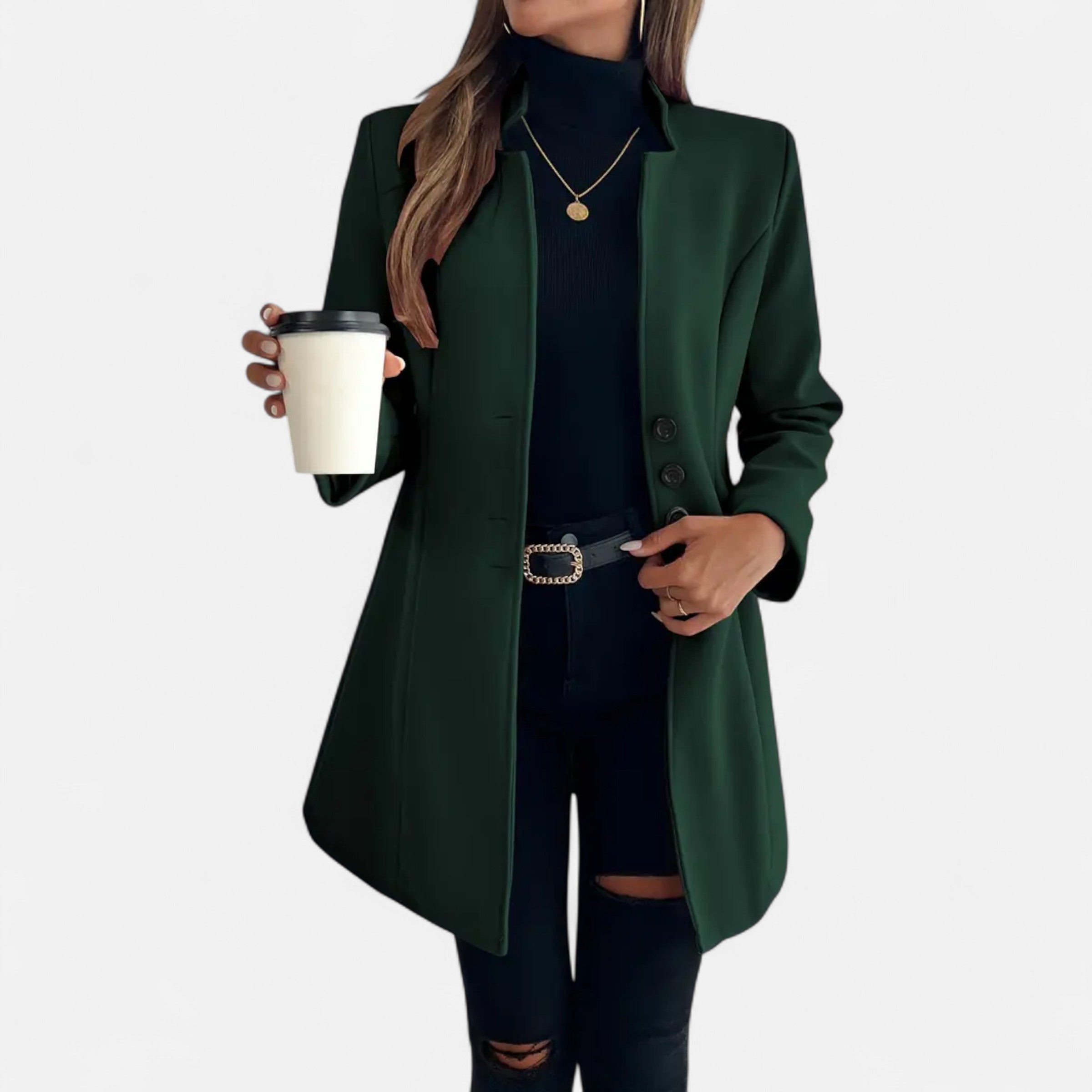 Women’s Long Trench Coat with Raglan Sleeves and Asymmetrical Hem