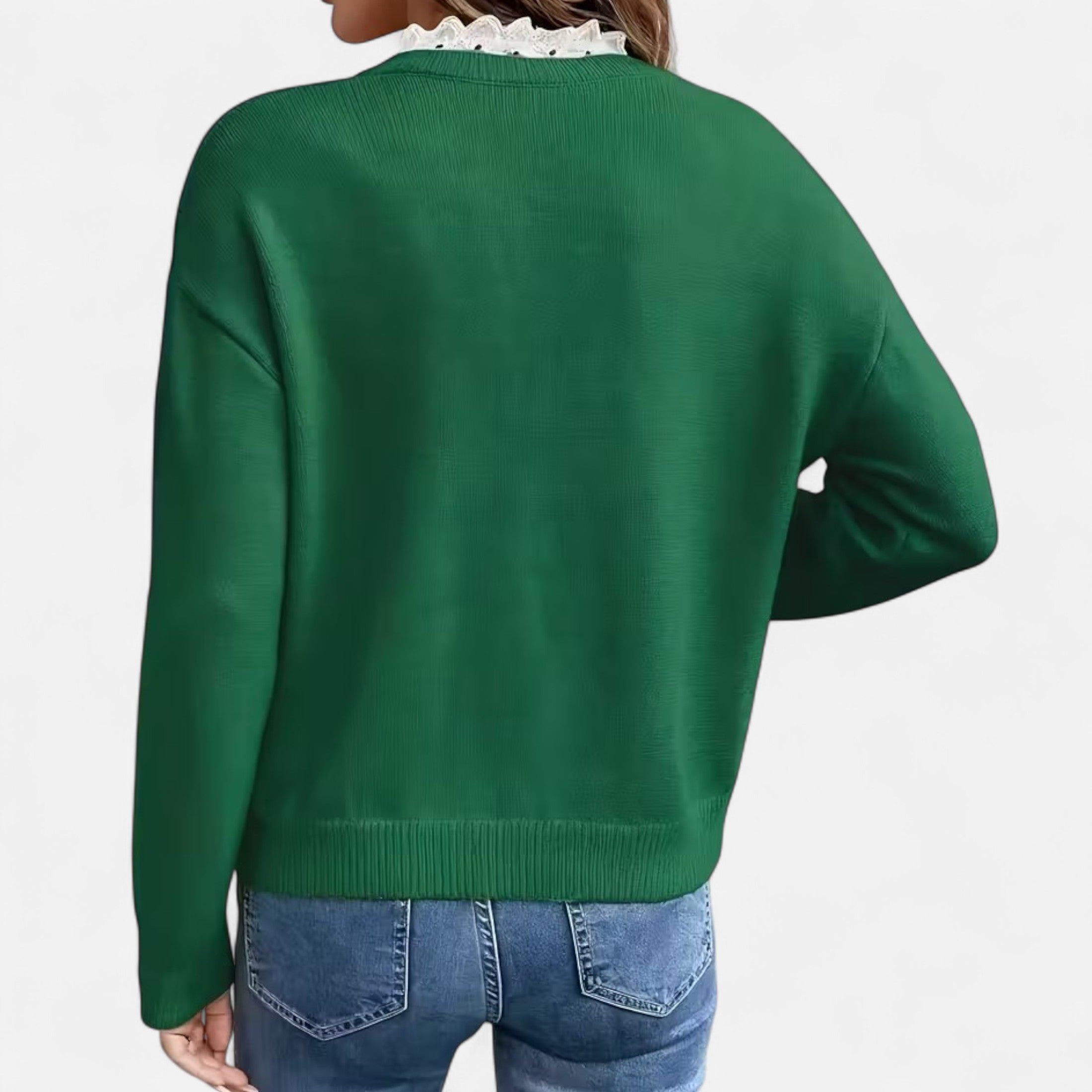 Women’s Lace Trim V Neck Soft Knit Sweater with Drop Shoulders