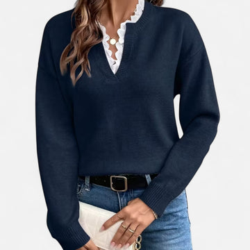Women’s Lace Trim V Neck Soft Knit Sweater with Drop Shoulders