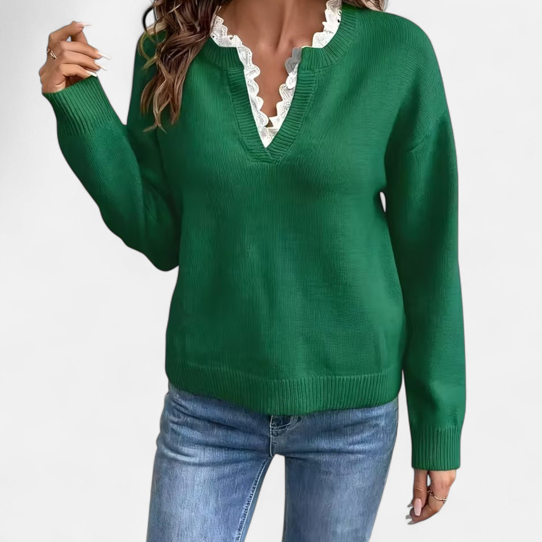 Women’s Lace Trim V Neck Soft Knit Sweater with Drop Shoulders