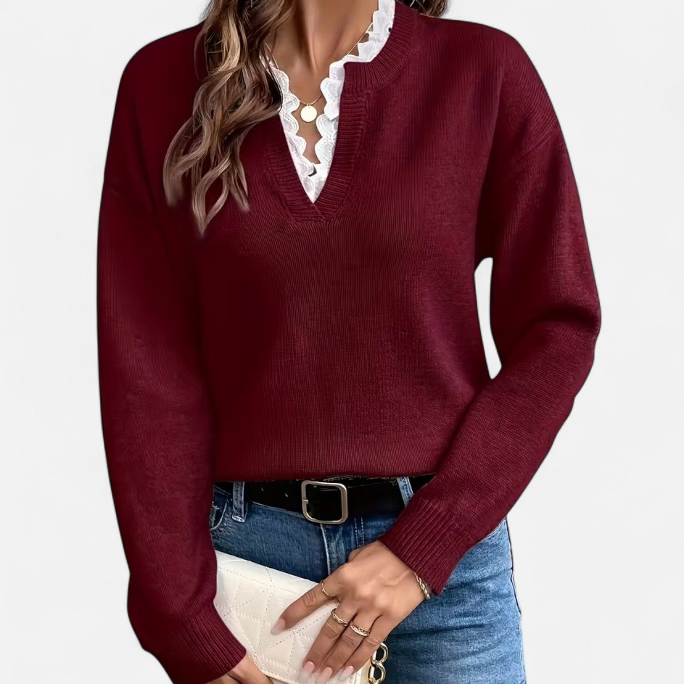 Women’s Lace Trim V Neck Soft Knit Sweater with Drop Shoulders