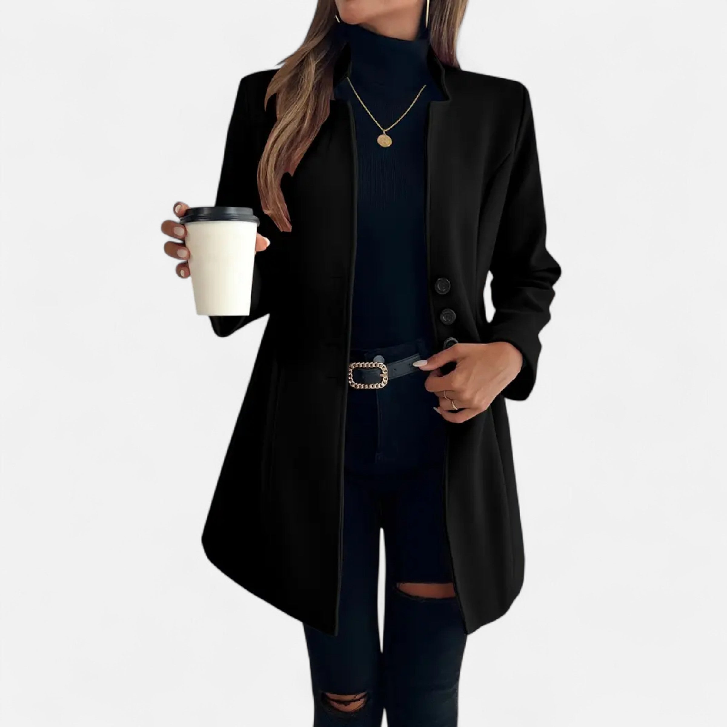 Women’s Long Trench Coat with Raglan Sleeves and Asymmetrical Hem