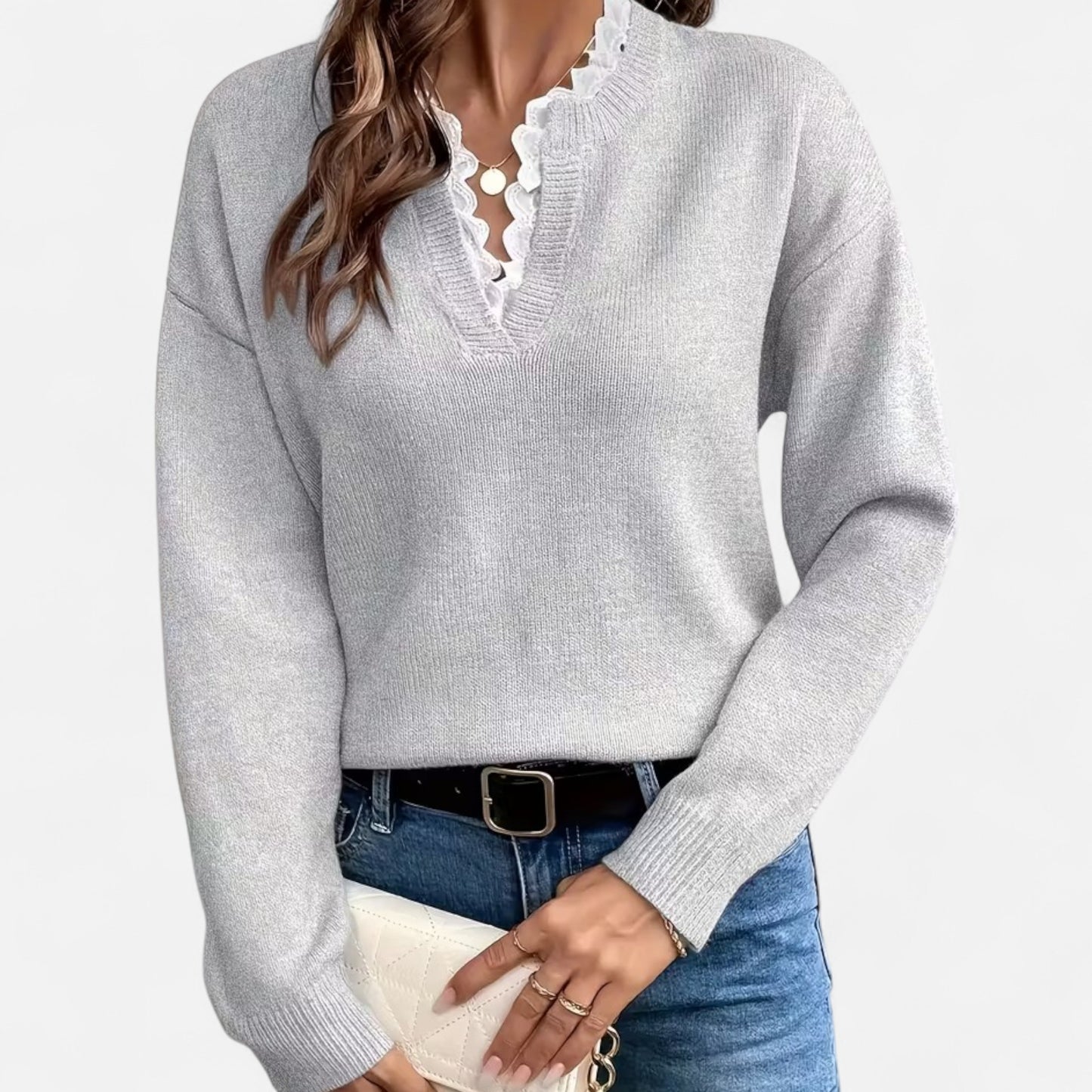 Dorevelle | Women’s Lace-Trim V-Neck Sweater