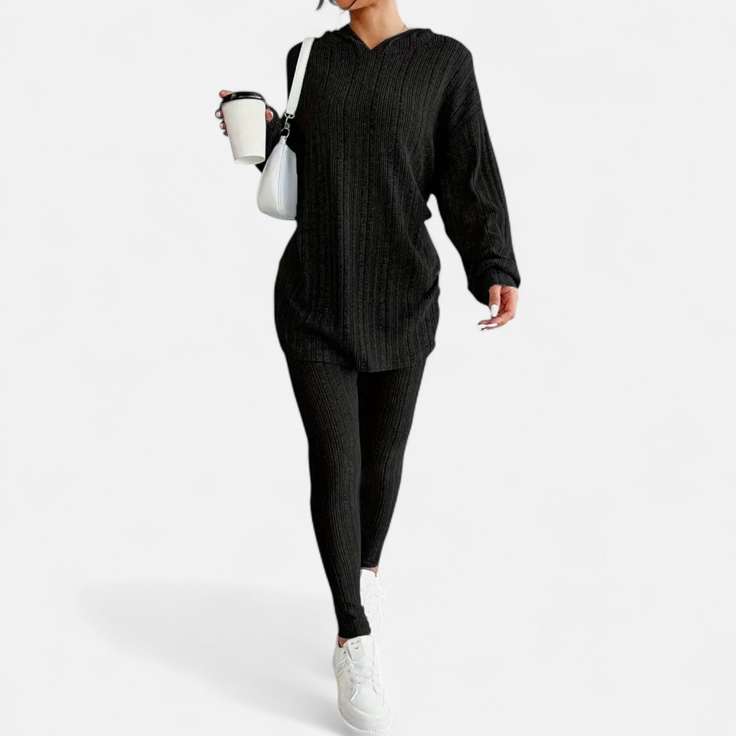 Ribbed Hooded Top and Skinny Pants Two Piece Set for Women