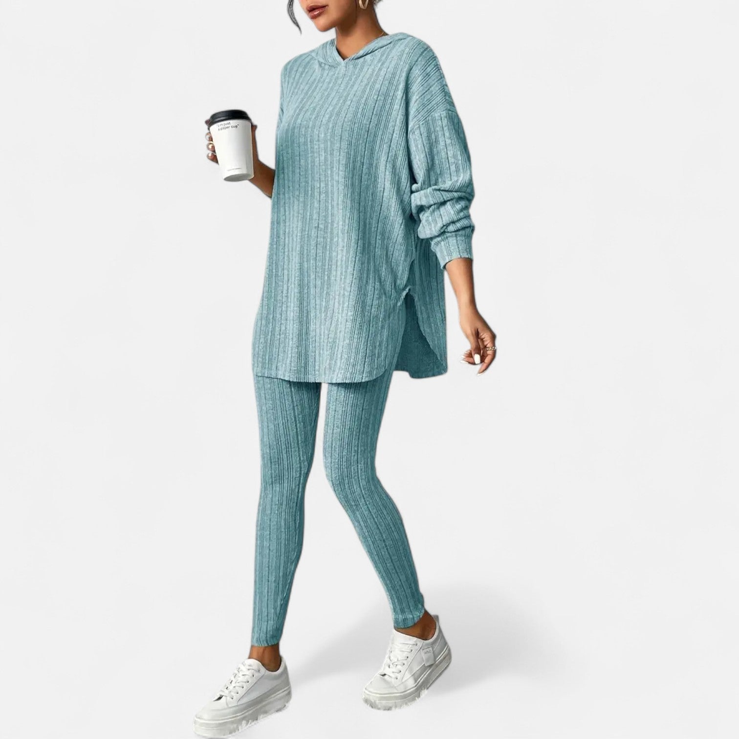 Ribbed Hooded Top and Skinny Pants Two Piece Set for Women