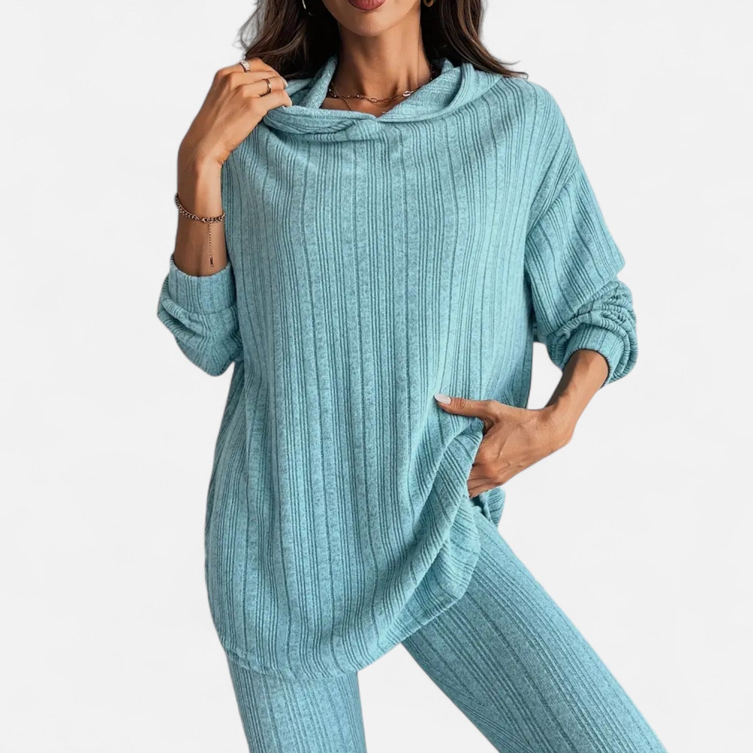 Ribbed Hooded Top and Skinny Pants Two Piece Set for Women