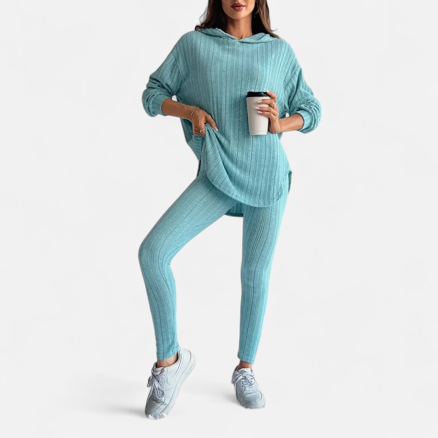 Dorevelle | Women’s Ribbed Set – Hooded Top & Skinny Pants