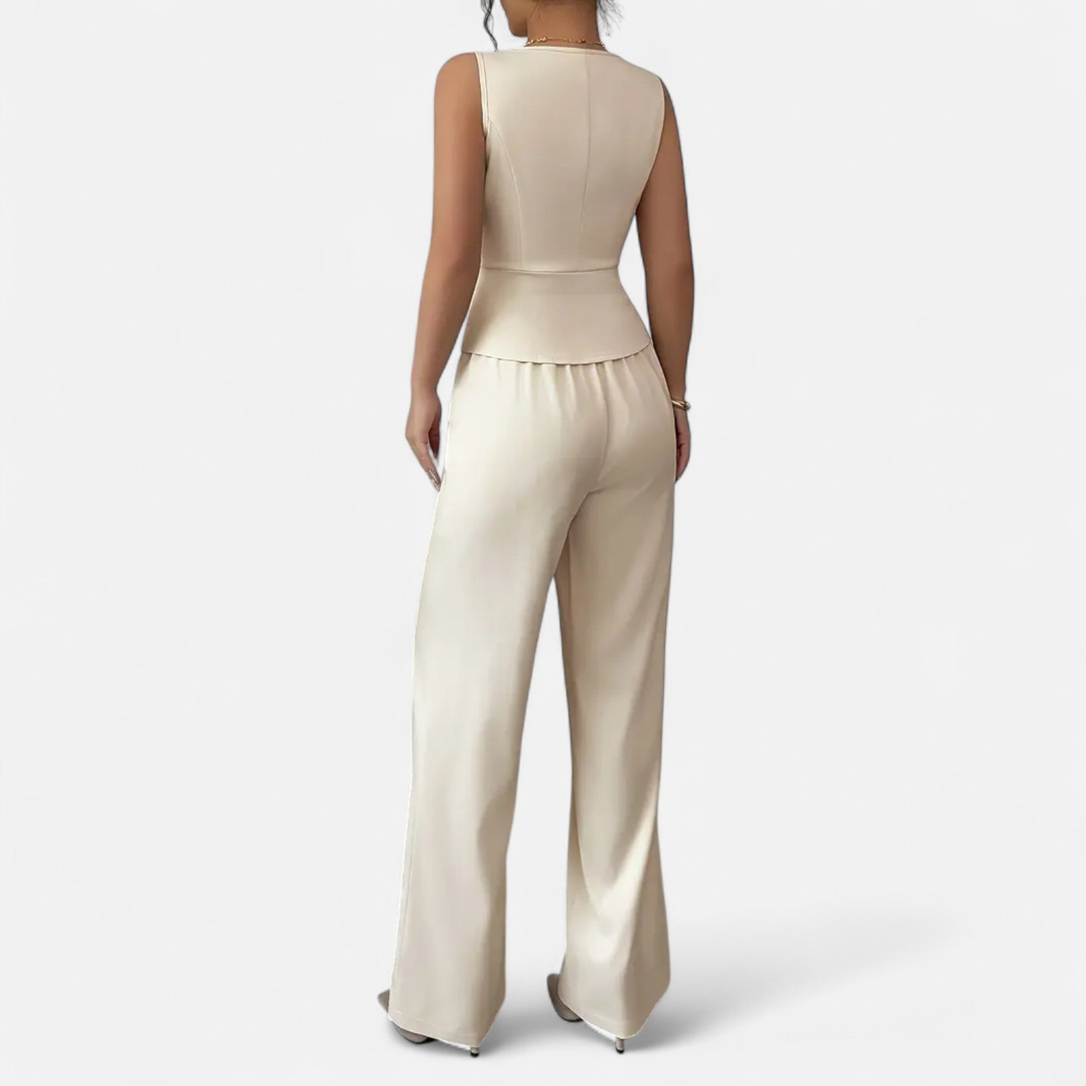 Sleeveless Button Up Blouse and Wide Leg Trousers Set for Women