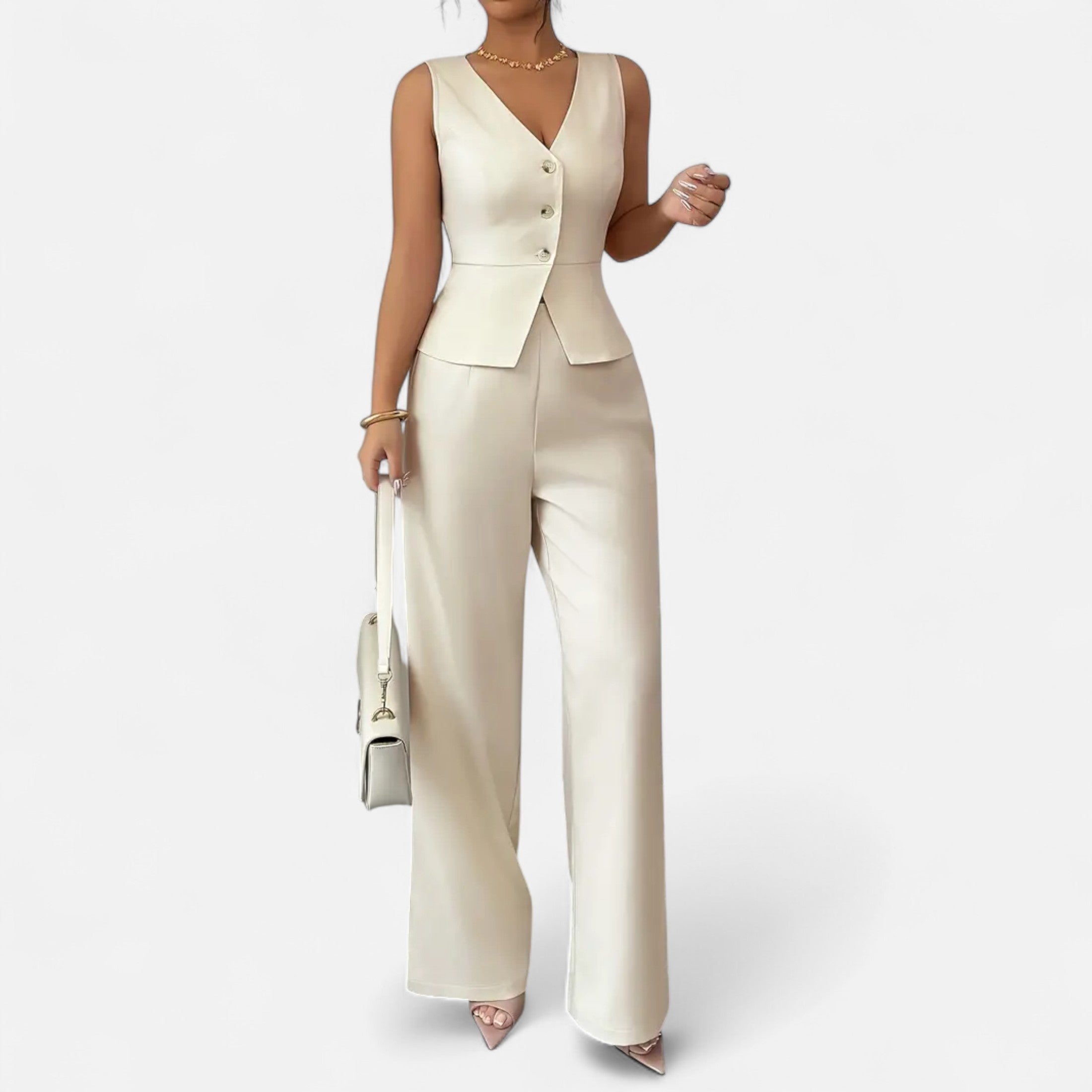 Sleeveless Button Up Blouse and Wide Leg Trousers Set for Women