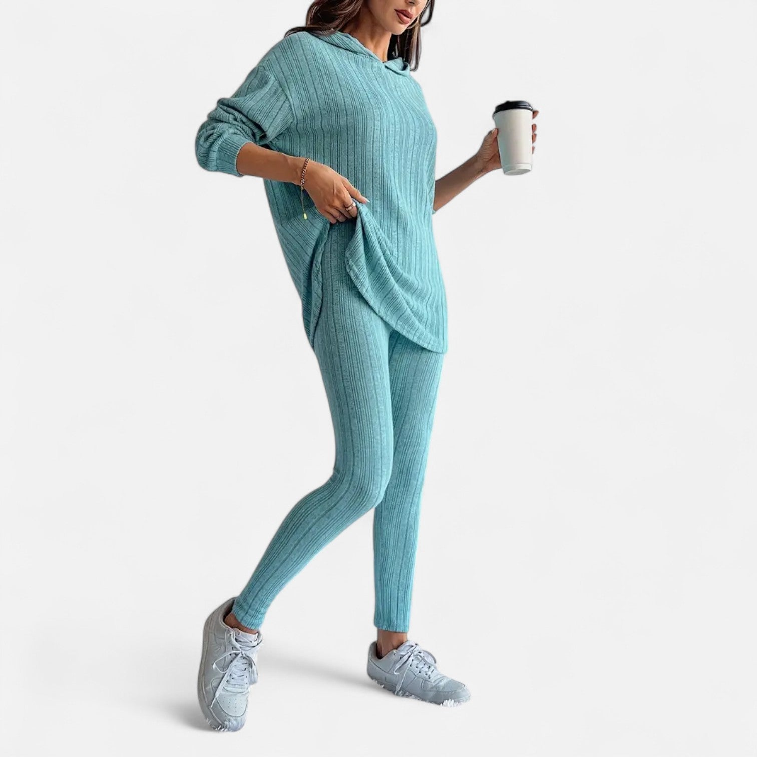 Ribbed Hooded Top and Skinny Pants Two Piece Set for Women
