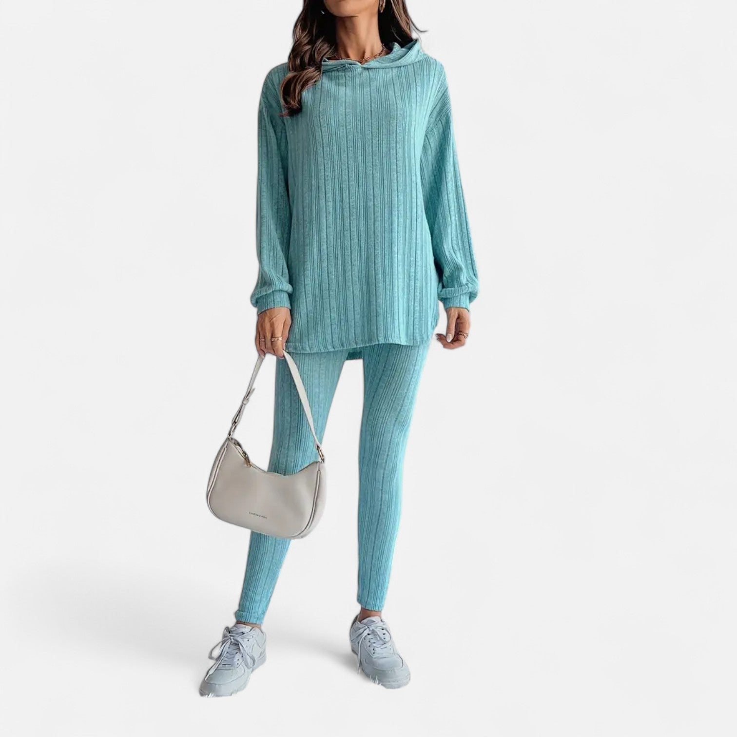 Ribbed Hooded Top and Skinny Pants Two Piece Set for Women