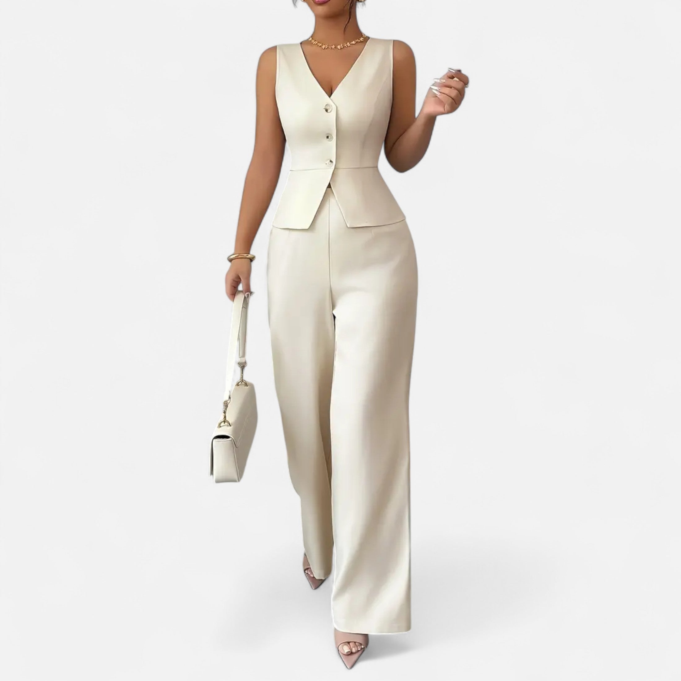 Sleeveless Button Up Blouse and Wide Leg Trousers Set for Women