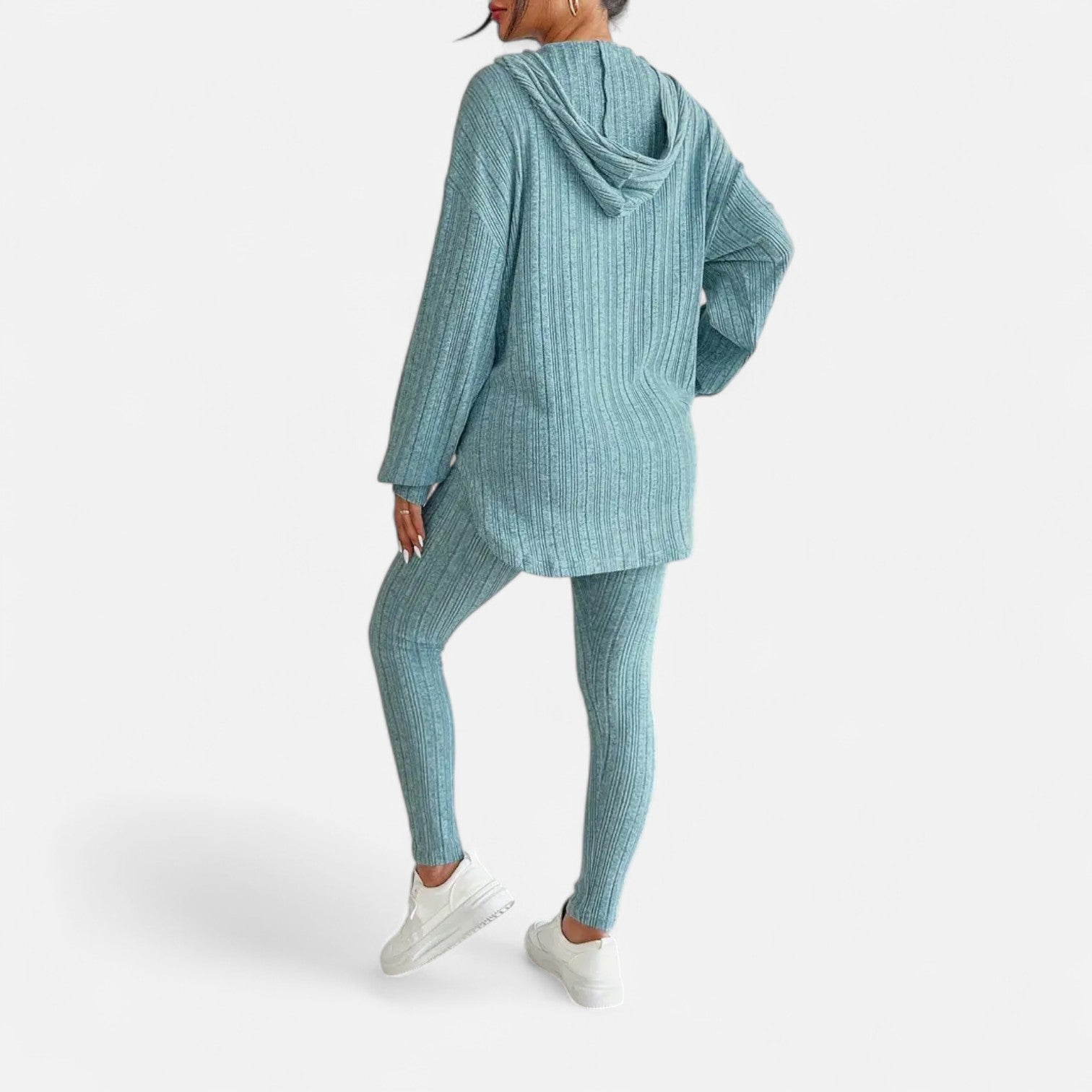 Ribbed Hooded Top and Skinny Pants Two Piece Set for Women