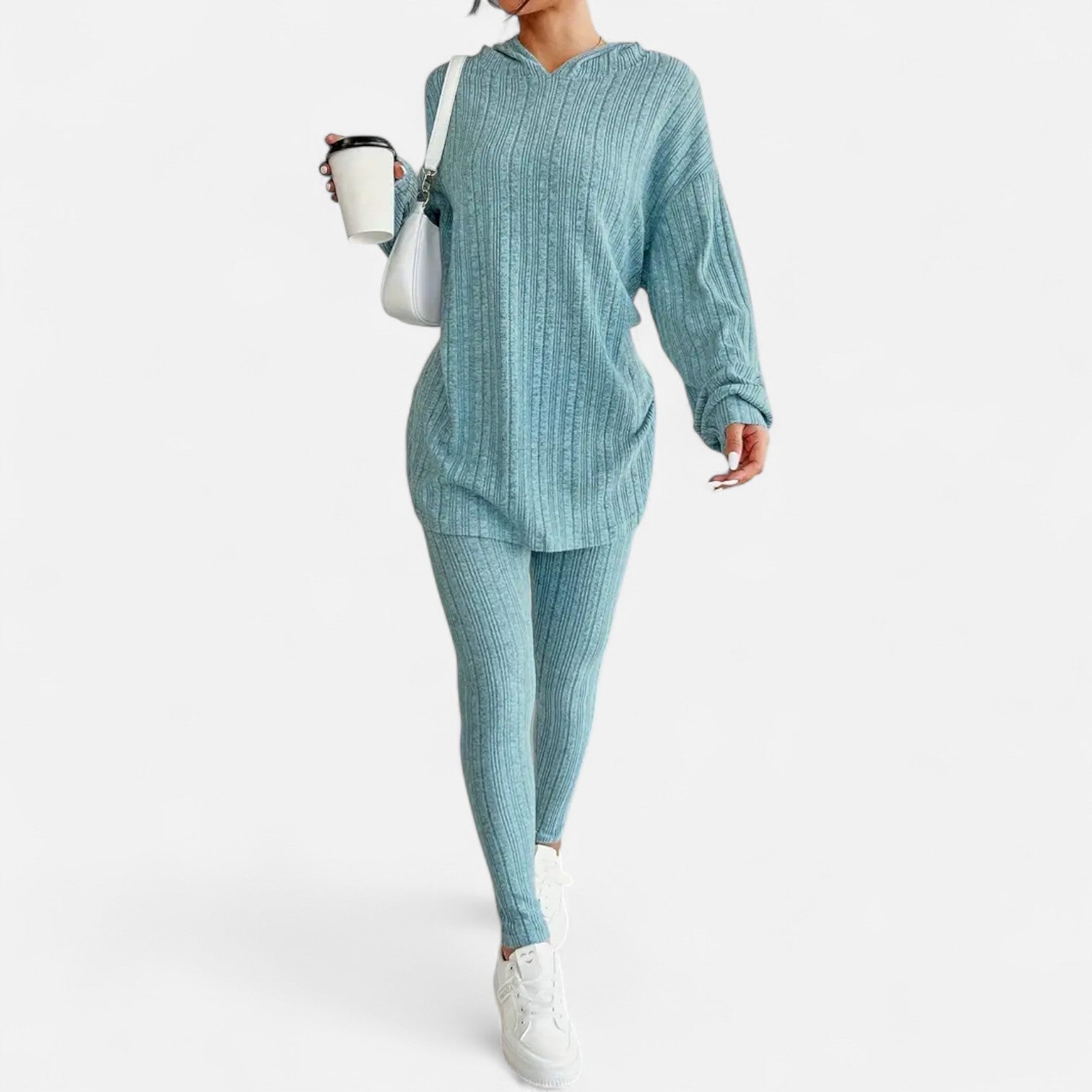 Ribbed Hooded Top and Skinny Pants Two Piece Set for Women