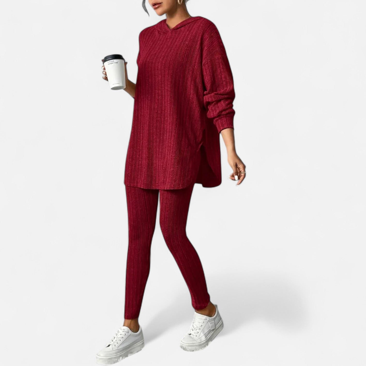 Ribbed Hooded Top and Skinny Pants Two Piece Set for Women