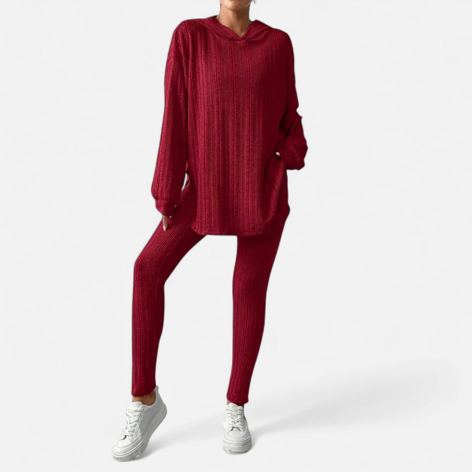 Ribbed Hooded Top and Skinny Pants Two Piece Set for Women