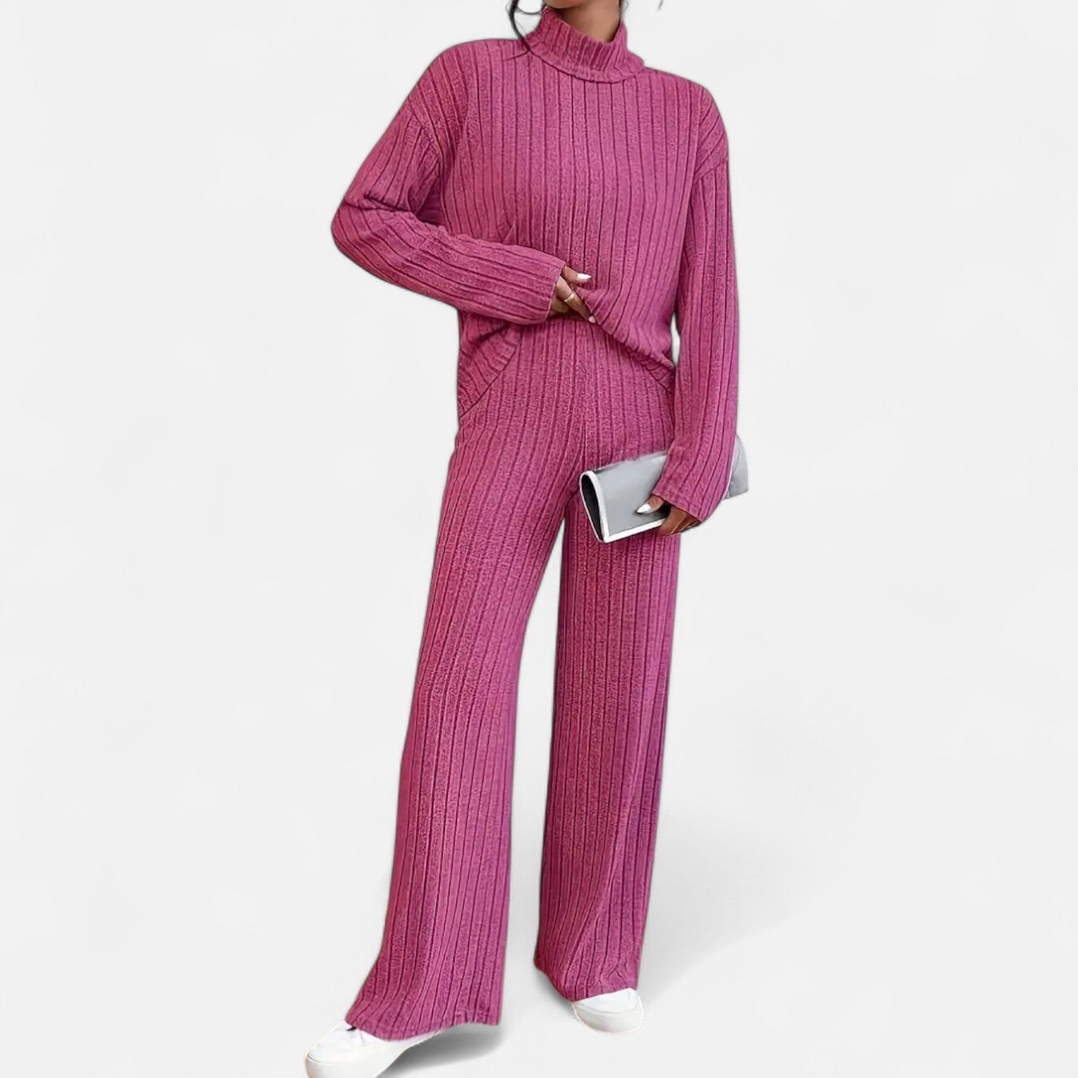 Women’s Ribbed Mock Neck Top and Wide Leg Trousers Set