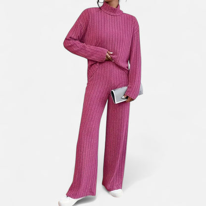 Dorevelle | Women’s Ribbed Set – Mock Neck & Wide-Leg Elegance