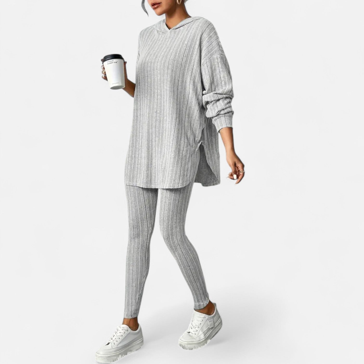 Ribbed Hooded Top and Skinny Pants Two Piece Set for Women