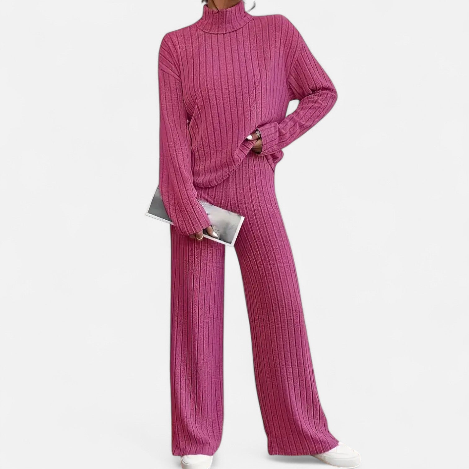 Women’s Ribbed Mock Neck Top and Wide Leg Trousers Set