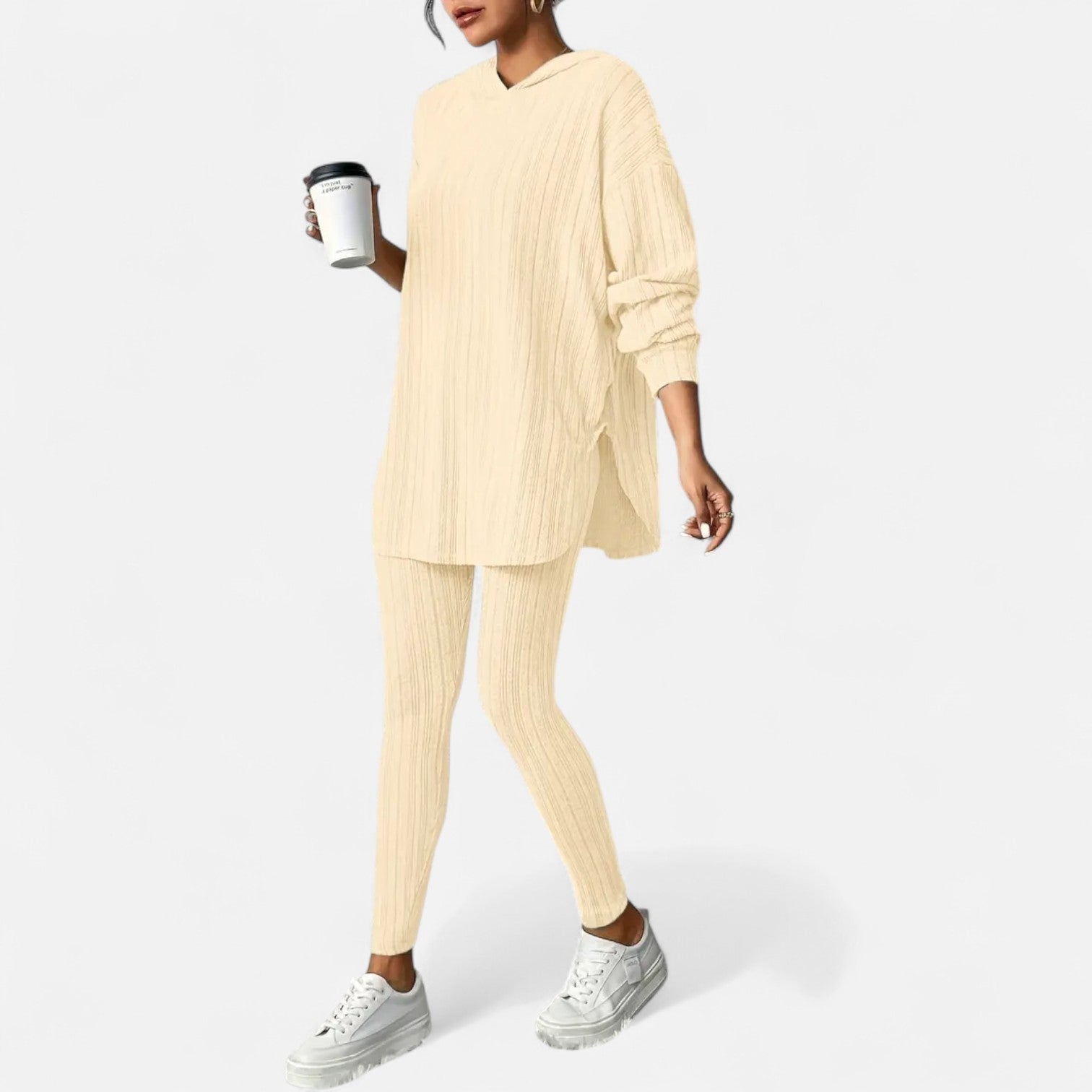 Ribbed Hooded Top and Skinny Pants Two Piece Set for Women