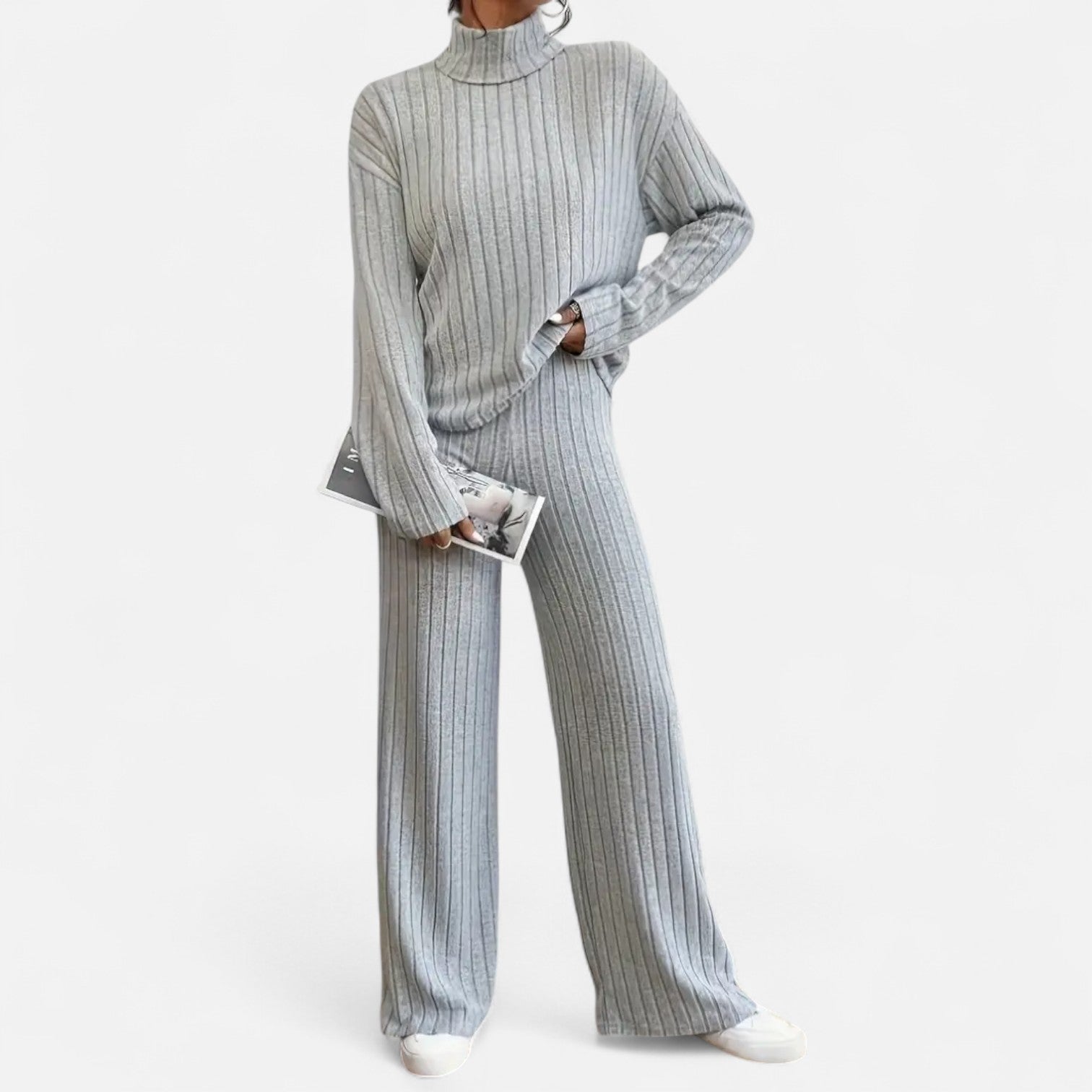 Women’s Ribbed Mock Neck Top and Wide Leg Trousers Set