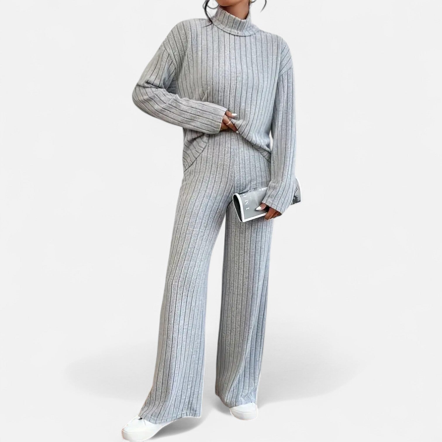 Women’s Ribbed Mock Neck Top and Wide Leg Trousers Set