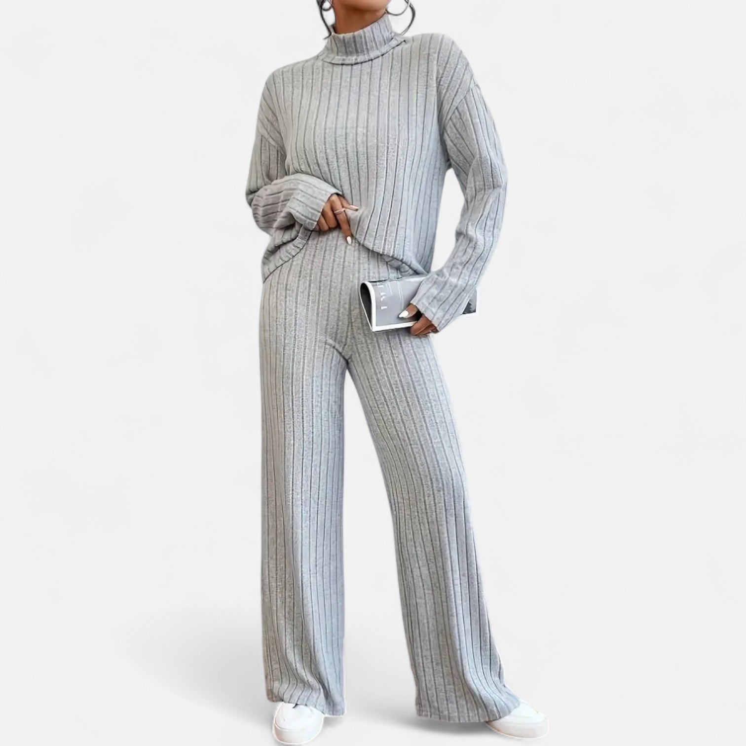 Women’s Ribbed Mock Neck Top and Wide Leg Trousers Set