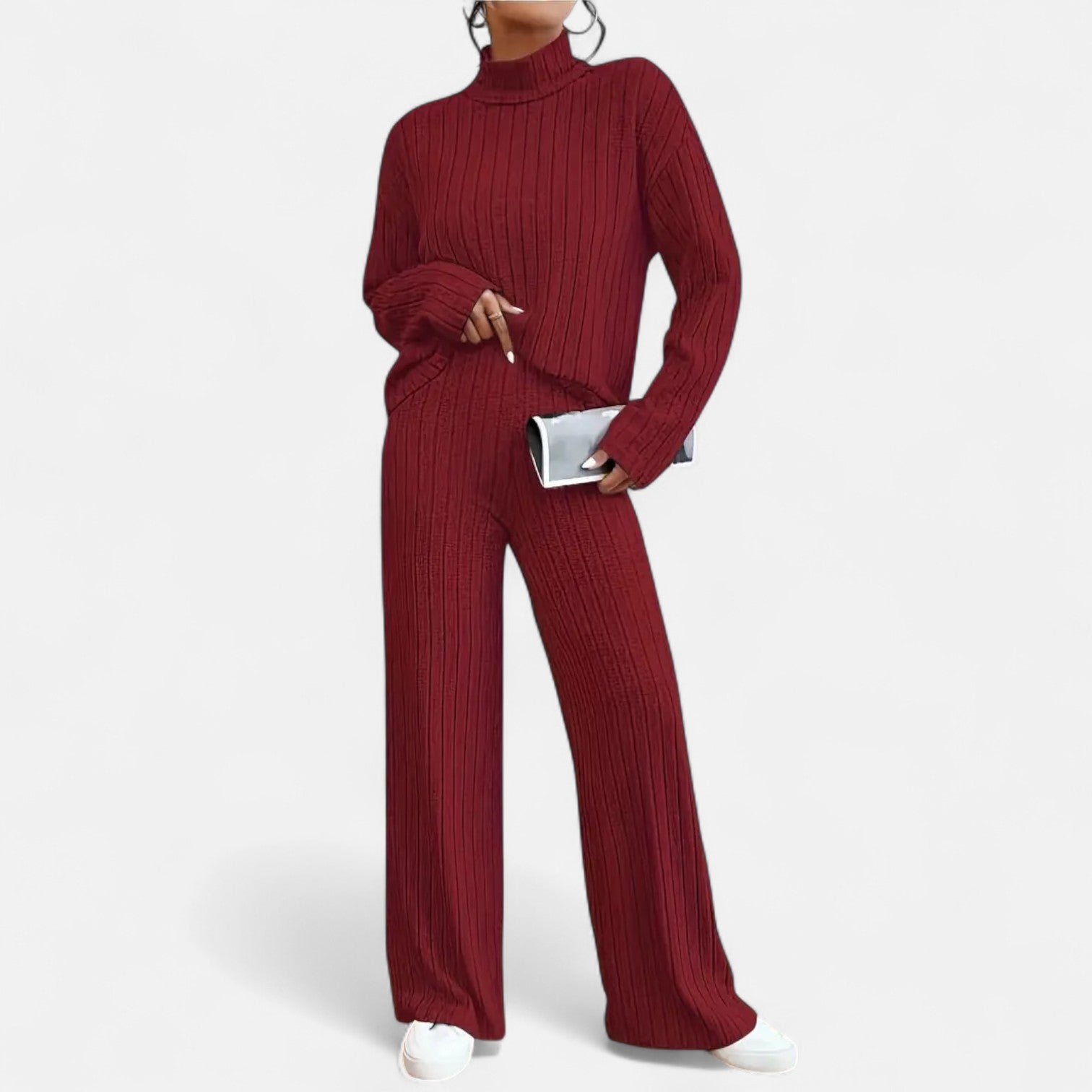 Women’s Ribbed Mock Neck Top and Wide Leg Trousers Set