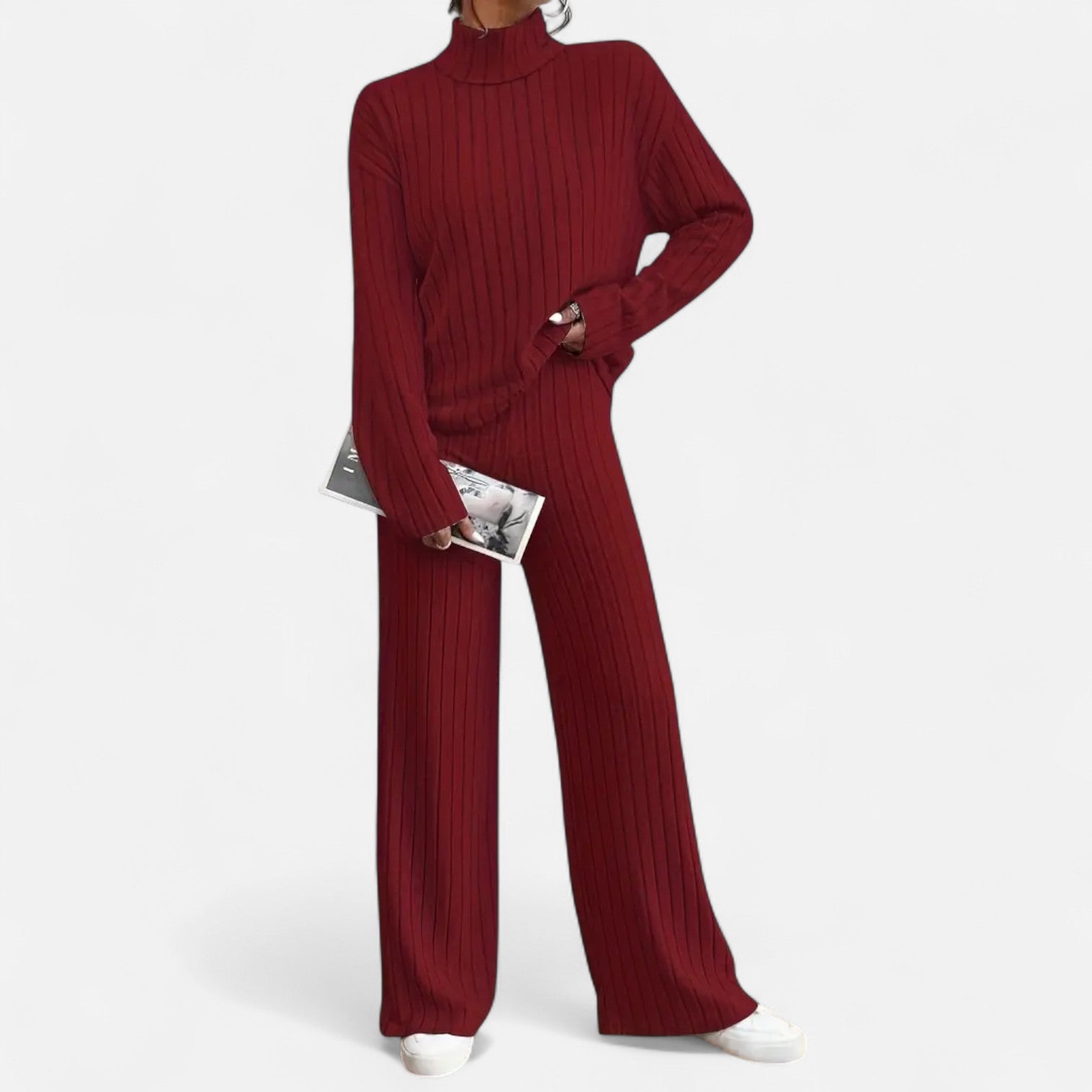 Women’s Ribbed Mock Neck Top and Wide Leg Trousers Set